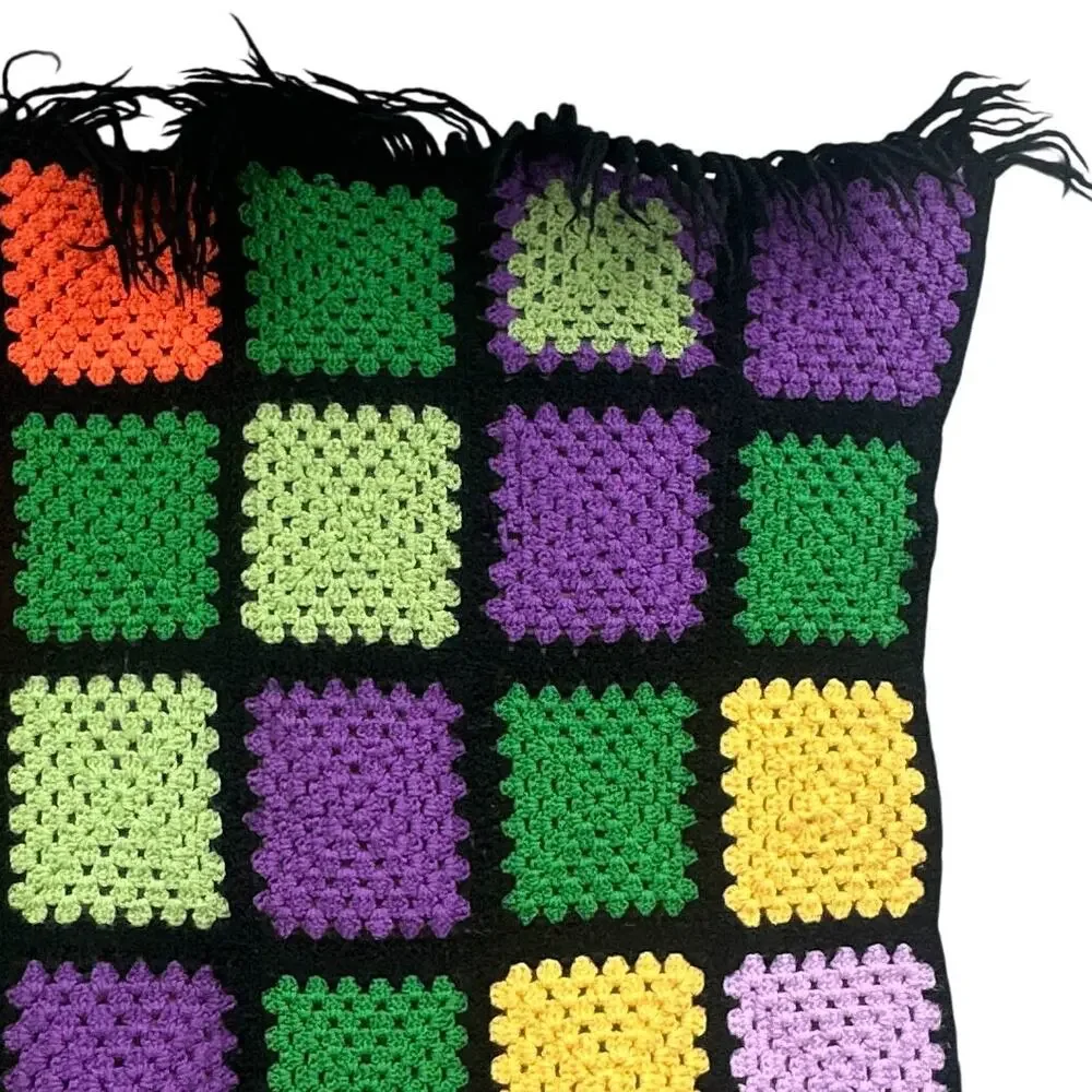 VTG Handmade Afghan Throw Blanket Roseanne Boho Fringe Black 73x35 OOAK Hippie